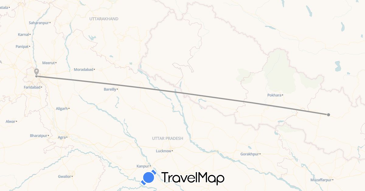 TravelMap itinerary: driving, plane in India, Nepal, Qatar (Asia)